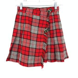Vintage 90s Wrap Skirt Womens Size 24" Red Gray Plaid Buckle Closures Wool